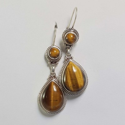 Silver Earring With [tiger Eye Stone]