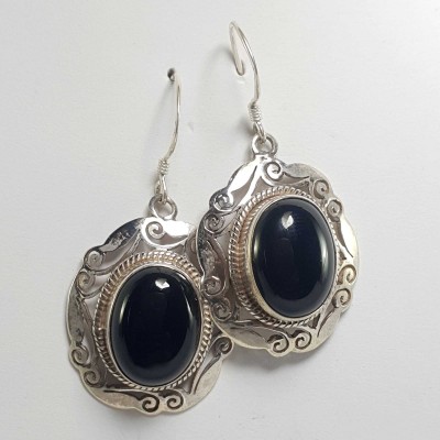 Silver Earrings With [real Onyx Stone]