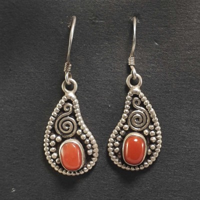 Silver Earrings With [real Coral Stone]