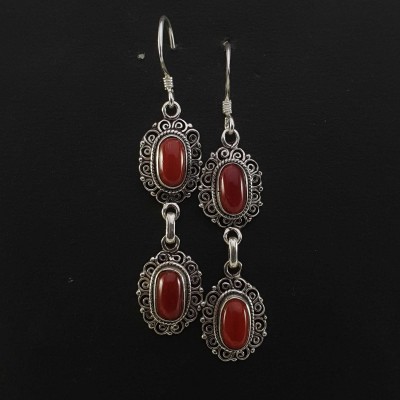 Silver Earrings With [real Coral Stone]