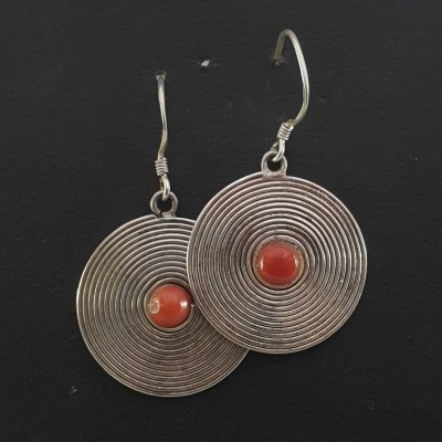 Silver Earrings With [real Coral Stone]