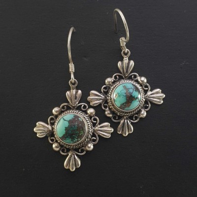 Silver Earrings With [real Old Tibetan Turquoise]