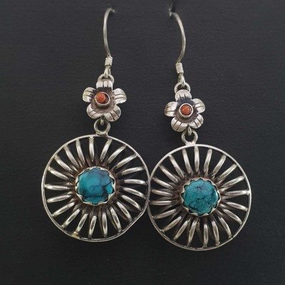 Silver Earrings With [real Old Tibetan Turquoise]