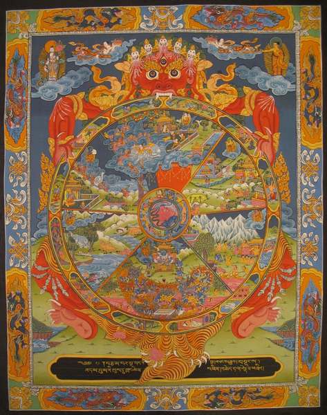 Tibetan Thangka Of Wheel Of Life, [24k Real Gold]