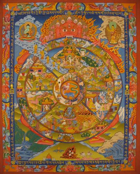 Tibetan Thangka Of Wheel Of Life, [24k Real Gold]