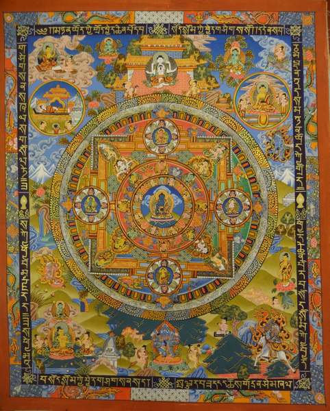 Tibetan Thangka Of Medicine Buddha Mandala, [24k Real Gold]