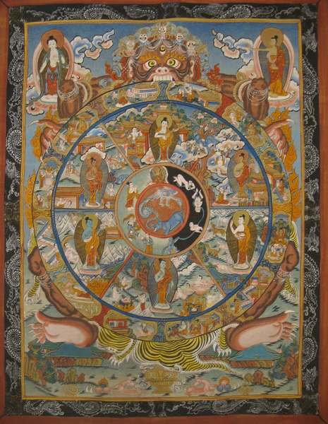 Tibetan Thangka Of Wheel Of Life, [24k Real Gold]