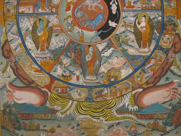Tibetan Thangka Of Wheel Of Life, [24k Real Gold]