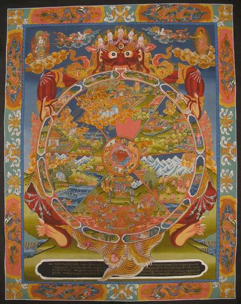 Tibetan Thangka Of Wheel Of Life, [24k Real Gold]