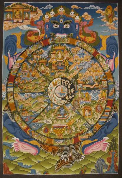 Tibetan Thangka Of Wheel Of Life, [24k Real Gold]