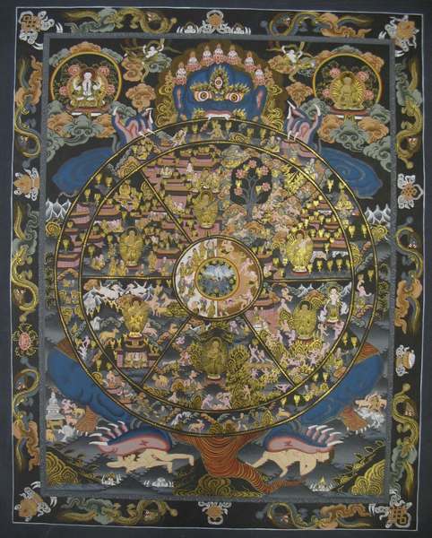 Tibetan Thangka Of Dark Wheel Of Life, [24k Real Gold]