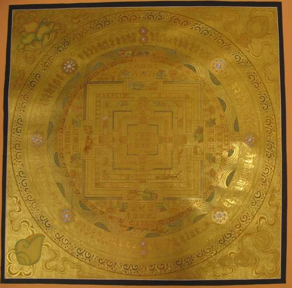 Tibetan Thangka Of Big Golden Kalachakra Mandala, [24k Real Gold]