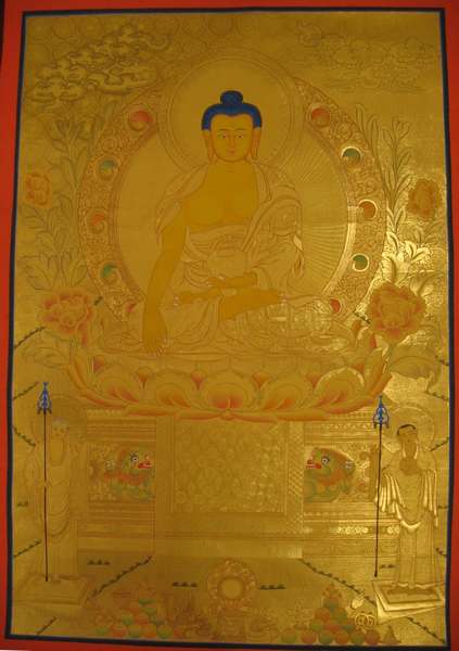 Tibetan Thangka Of Big Golden Shakyamuni Buddha, [24k Real Gold]