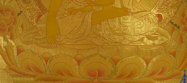 Tibetan Thangka Of Big Golden Shakyamuni Buddha, [24k Real Gold]