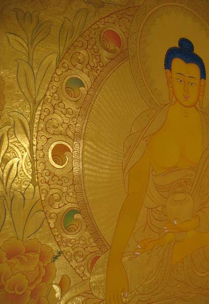 Tibetan Thangka Of Big Golden Shakyamuni Buddha, [24k Real Gold]