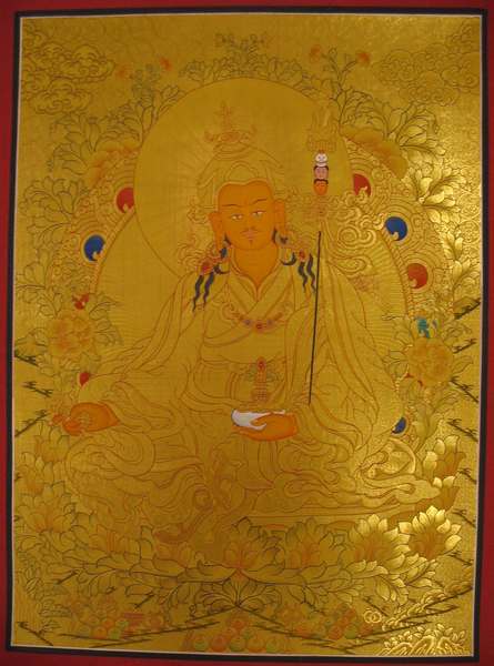 Tibetan Thangka Of Guru Rinpoche With Body Colored, [24k Real Gold]