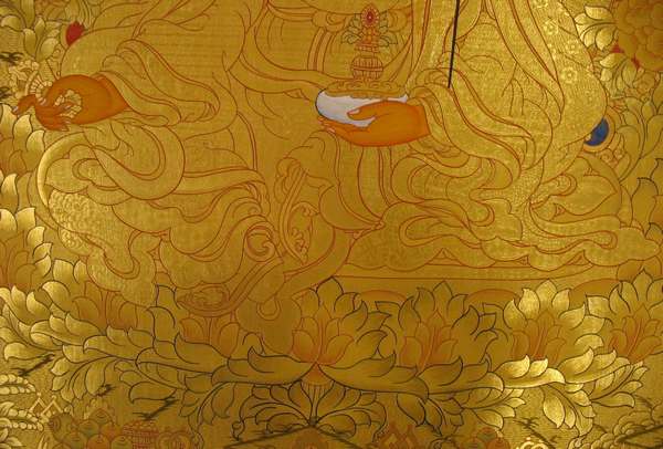 Tibetan Thangka Of Guru Rinpoche With Body Colored, [24k Real Gold]