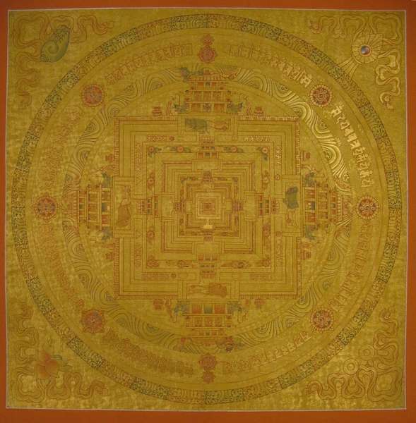 Tibetan Thangka Of Golden Kalachakra Mandala, [24k Real Gold]