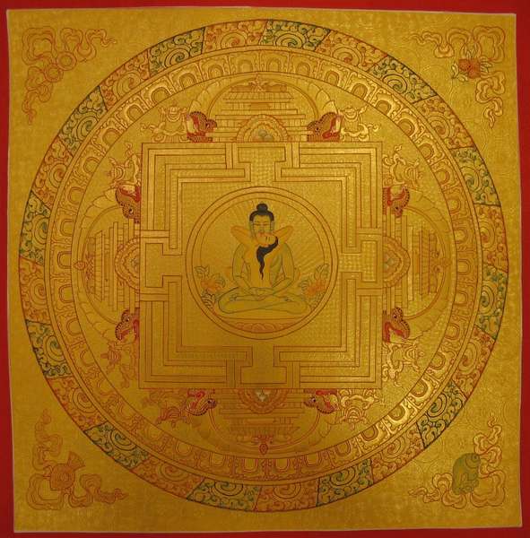 Tibetan Thangka Of Buddha Shakti Mandala, [24k Real Gold]