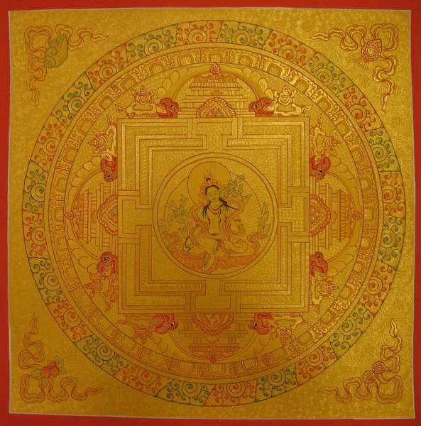 Tibetan Thangka Of Round Gold Mandala, [24k Real Gold]