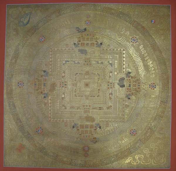 Tibetan Thangka Of Big Golden Kalachakra Mandala, [24k Real Gold]