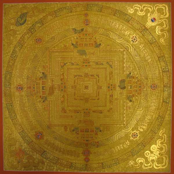 Tibetan Thangka Of Kalachakra Mandala, [24k Real Gold]