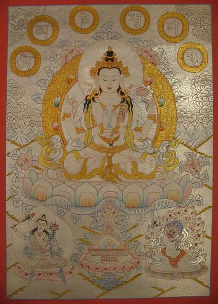 Tibetan Thangka Of Chengrezig, [24k Real Gold]
