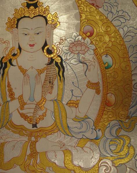 Tibetan Thangka Of Chengrezig, [24k Real Gold]