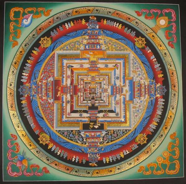 Tibetan Thangka Of Big Kalachakra Mandala, [24k Real Gold]