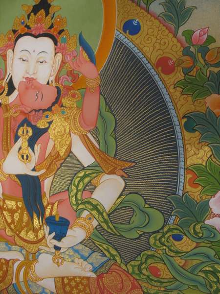 Tibetan Thangka Of Vajrasattva With Consort, [shakti], Yab-yum, [24k Real Gold]