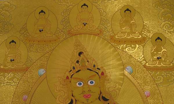 Tibetan Thangka Of Dzambhala, [24k Real Gold]