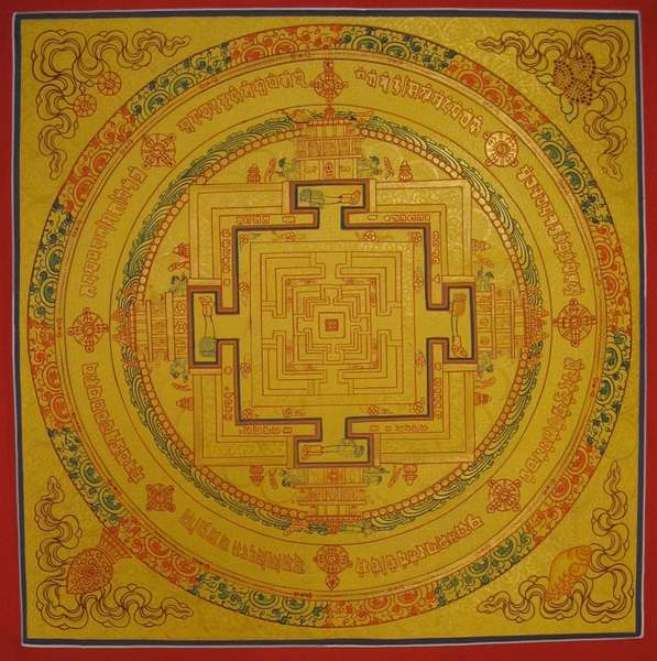 Tibetan Thangka Of Golden Kalachakra Mandala