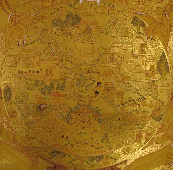 Tibetan Thangka Of Wheel Of Life, [24k Real Gold]