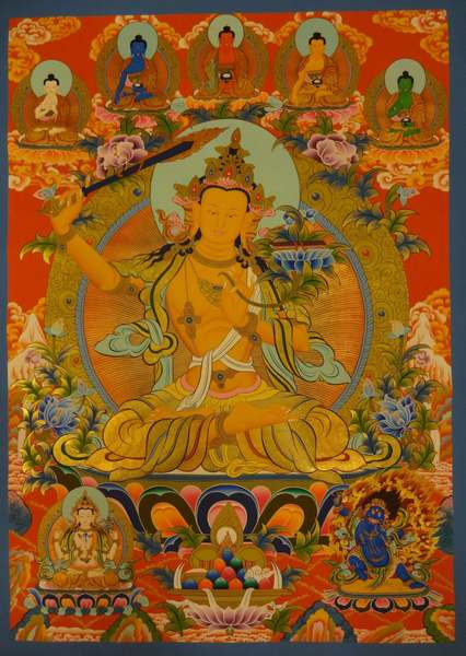 [hq] Tibetan Thangka Of Manjushri With 5 Dhyani Buddhas, And Chenrezig And Vajrapni, [24k Real Gold]