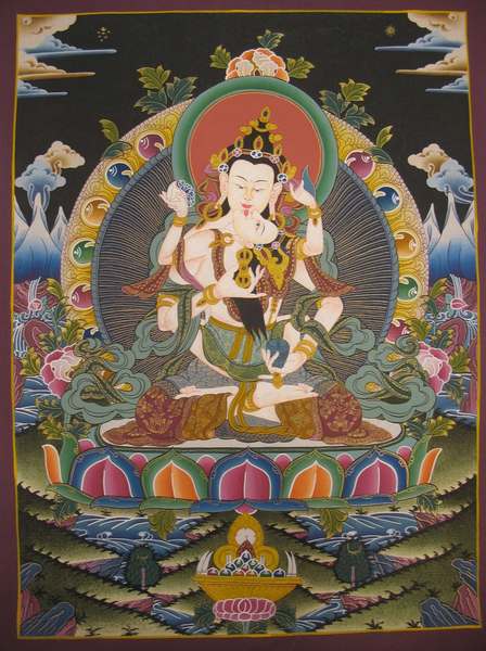 Tibetan Thangka Of Vajrasattva With Consort, [shakti], Yab-yum