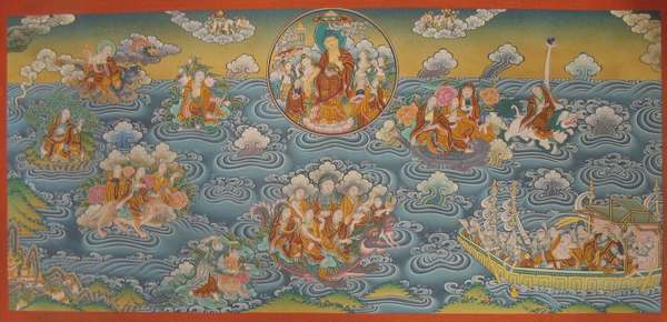 Tibetan Thangka Of Buddha With 16 Arhats Vertical, [24k Real Gold]