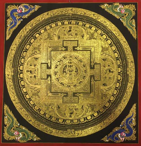 Tibetan Thangka Of Lokeshvara Mandala, [24k Real Gold]