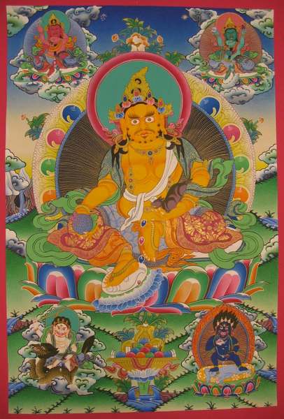 Tibetan Thangka Of 5 Dzambhala, Jambhala, [24k Real Gold]