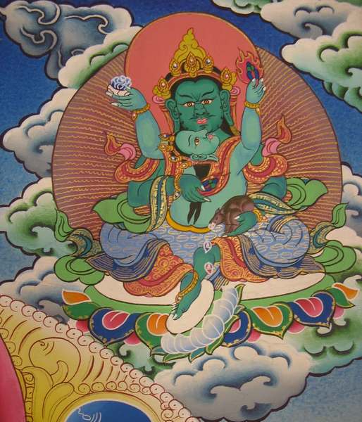 Tibetan Thangka Of 5 Dzambhala, Jambhala, [24k Real Gold]