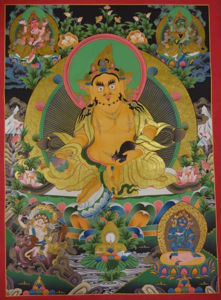 Tibetan Thangka Of Five Dzambhala, Jambhala, [24k Real Gold]