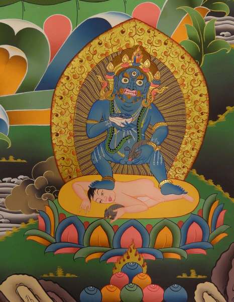 Tibetan Thangka Of Five Dzambhala, Jambhala, [24k Real Gold]