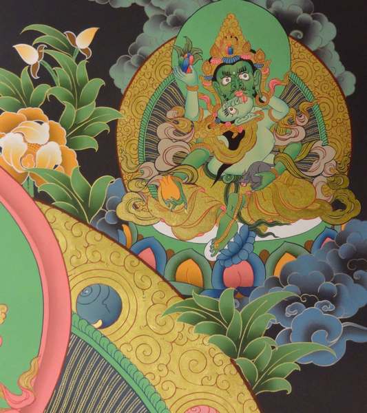 Tibetan Thangka Of Five Dzambhala, Jambhala, [24k Real Gold]