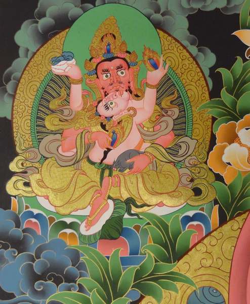 Tibetan Thangka Of Five Dzambhala, Jambhala, [24k Real Gold]
