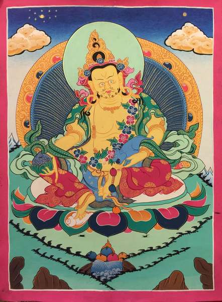 Tibetan Thangka Of Dzambhala, Yellow Jambhala