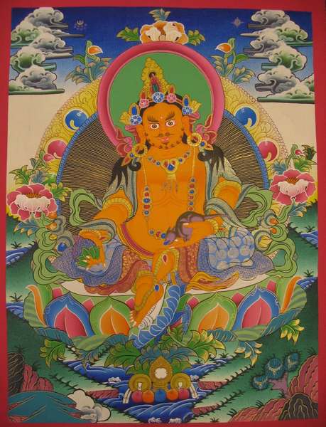Tibetan Thangka Of Dzambhala, Yellow Jambhala