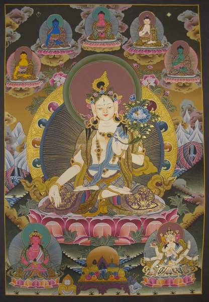 Tibetan Thangka Of White Tara Multiple, [24k Real Gold], Three Long Life Deities