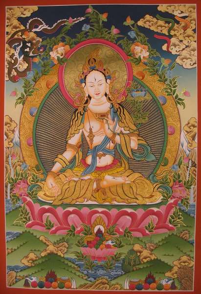 Tibetan Thangka Of White Tara In Color, [24k Real Gold]