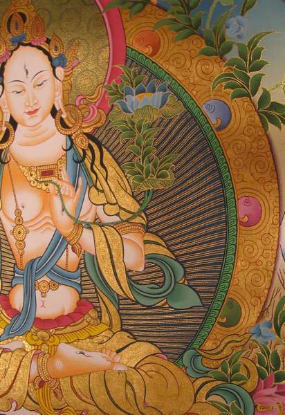 Tibetan Thangka Of White Tara In Color, [24k Real Gold]