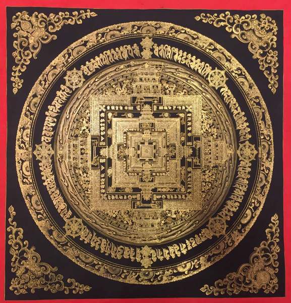Tibetan Thangka Of All Gold Kalachakra Mandala, [24k Real Gold]