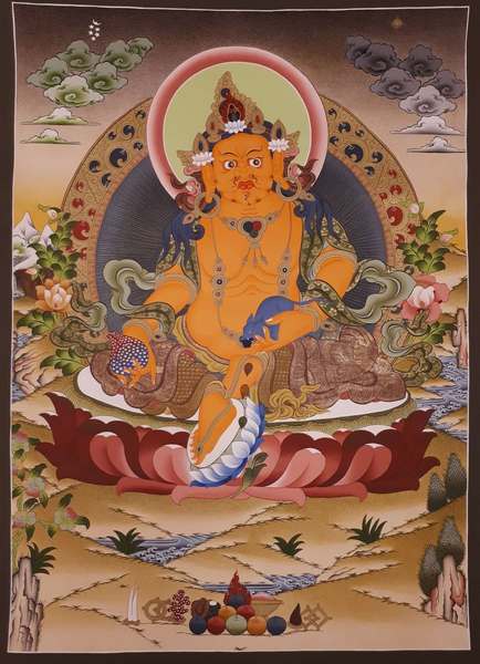 Tibetan Thangka Of Dzambhala, Yellow Jambhala, [24k Real Gold]